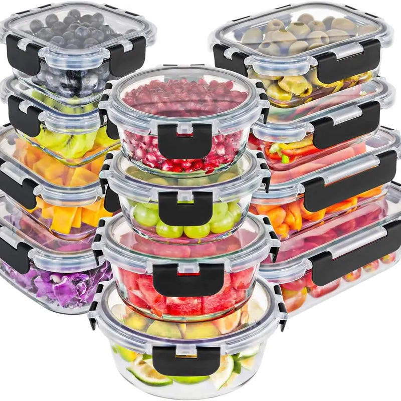 Magic Mill Premium Borosilicate Glass Storage  Containers with Lids Set Ultimate 24pc Set  with BPA-Free Airtight Locking Lids for Lunch  Food Storage Meal Prep Safe in Fridge, Freezer,  And Dishwasher Safe for Easy Clean 12  Containers, 12 Lids