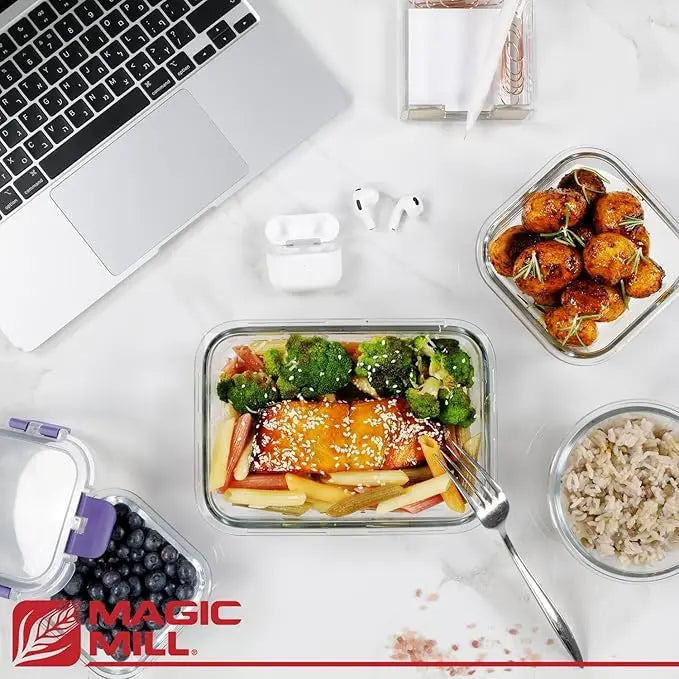 Magic Mill Premium Borosilicate Glass Storage  Containers with Lids Set Ultimate 24pc Set  with BPA-Free Airtight Locking Lids for Lunch  Food Storage Meal Prep Safe in Fridge, Freezer,  And Dishwasher Safe for Easy Clean 12  Containers, 12 Lids