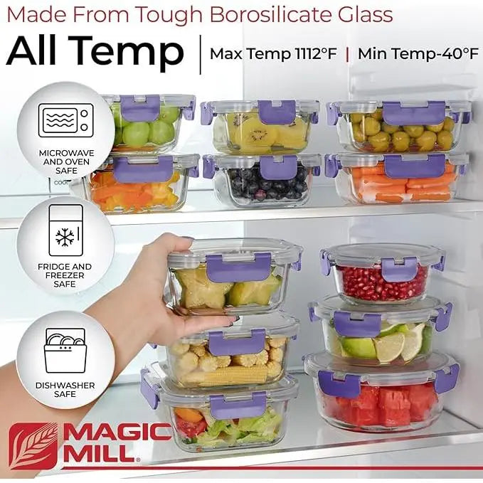 Magic Mill Premium Borosilicate Glass Storage  Containers with Lids Set Ultimate 24pc Set  with BPA-Free Airtight Locking Lids for Lunch  Food Storage Meal Prep Safe in Fridge, Freezer,  And Dishwasher Safe for Easy Clean 12  Containers, 12 Lids
